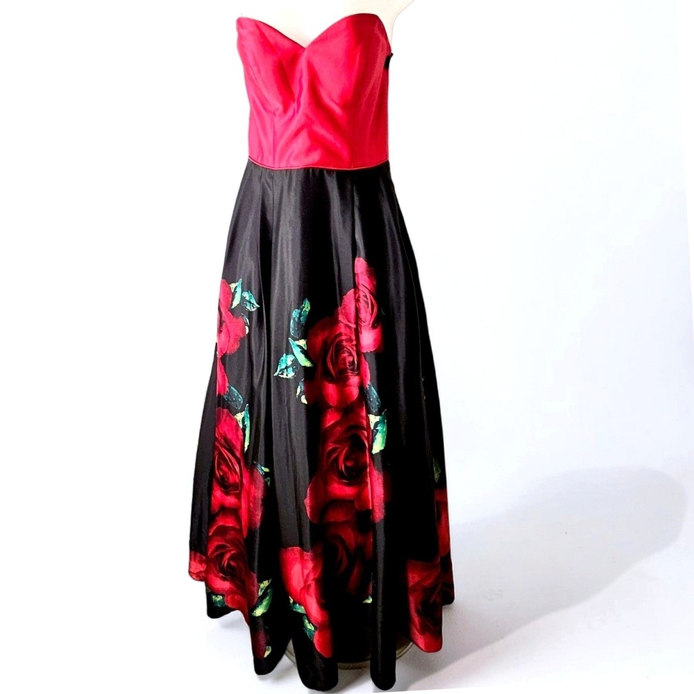 Strapless Red Black Rose Print Dress Sweetheart Neck Formal Prom Dance Sz 7 - Picture 4 of 8